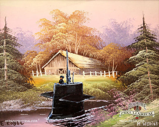 This is a print from an original NERC painting by Mike Wellins, and Unknown. Wellins is co-creator of the Peculiarium. Mike starts with "thrift shop" painting and modifies it.