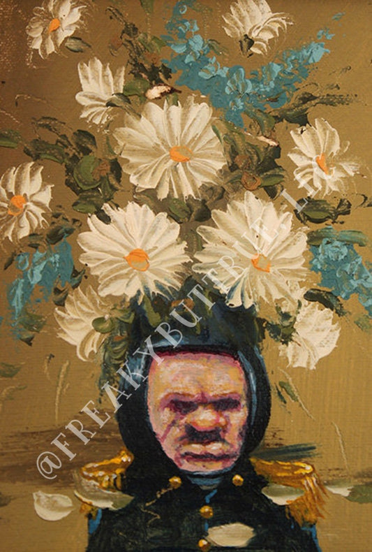 This is a print from an original NERC painting by Mike Wellins, and Unknown. Wellins is co-creator of the Peculiarium. Mike starts with "thrift shop" painting and modifies it.