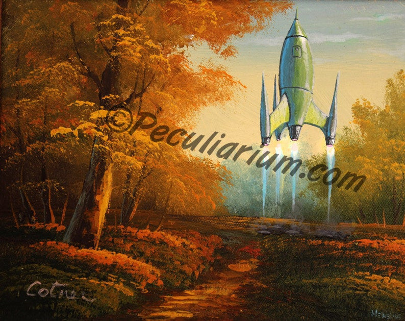 This is a print from an original NERC painting by Mike Wellins, and Unknown. Wellins is co-creator of the Peculiarium. Mike starts with "thrift shop" painting and modifies it.