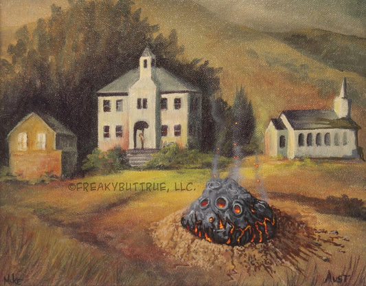 This is a print from an original NERC painting by Mike Wellins, and Unknown. Wellins is co-creator of the Peculiarium. Mike starts with "thrift shop" painting and modifies it.