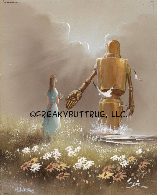 This is a print from an original NERC painting by Mike Wellins, and Unknown. Wellins is co-creator of the Peculiarium. Mike starts with "thrift shop" painting and modifies it.