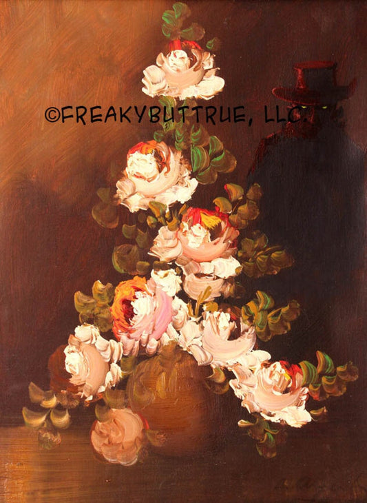 This is a print from an original NERC painting by Mike Wellins, and Unknown. Wellins is co-creator of the Peculiarium. Mike starts with "thrift shop" painting and modifies it.