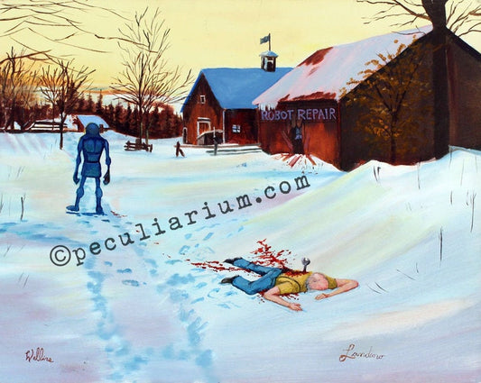 This is a print from an original NERC painting by Mike Wellins, and Unknown. Wellins is co-creator of the Peculiarium. Mike starts with "thrift shop" painting and modifies it.