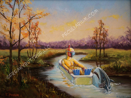 This is a print from an original NERC painting by Mike Wellins, and Unknown. Wellins is co-creator of the Peculiarium. Mike starts with "thrift shop" painting and modifies it.