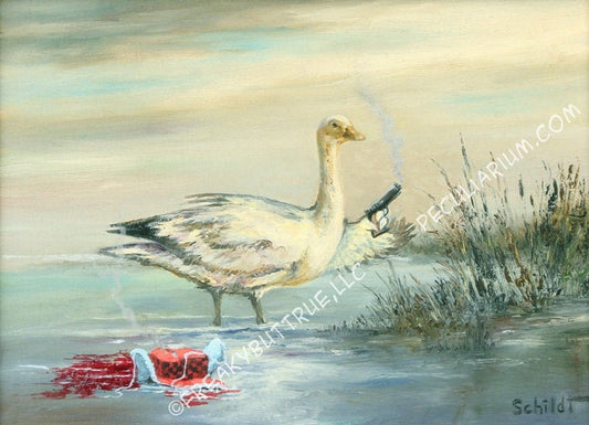 This is a print from an original NERC painting by Mike Wellins, and Unknown. Wellins is co-creator of the Peculiarium. Mike starts with "thrift shop" painting and modifies it.