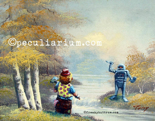 This is a print from an original NERC painting by Mike Wellins, and Unknown. Wellins is co-creator of the Peculiarium. Mike starts with "thrift shop" painting and modifies it.