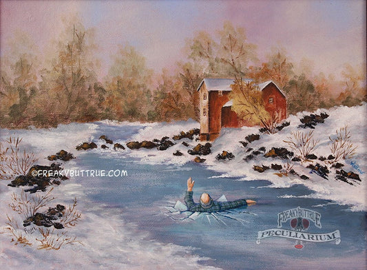 This is a print from an original NERC painting by Mike Wellins, and Unknown. Wellins is co-creator of the Peculiarium. Mike starts with "thrift shop" painting and modifies it.