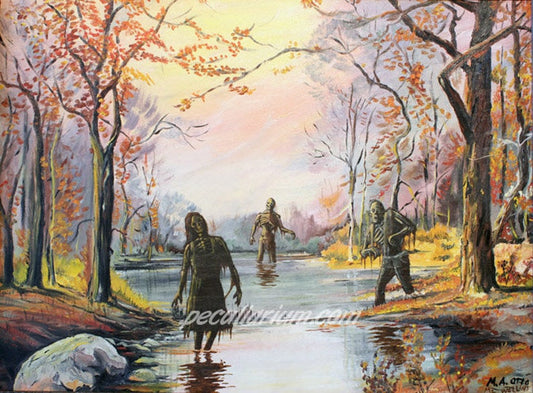 This is a print from an original NERC painting by Mike Wellins, and Unknown. Wellins is co-creator of the Peculiarium. Mike starts with "thrift shop" painting and modifies it.