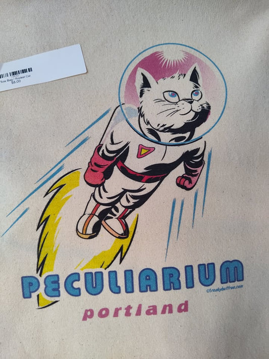 100% cotton canvas with Colin Batty's Rocket Cat design. Peculiarium branded. Portland, Oregon.