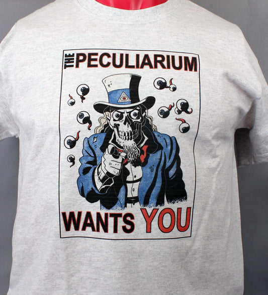 100% cotton tee with a skeletal Uncle Sam design, by Mike Wellins. Peculiarium Wants You.