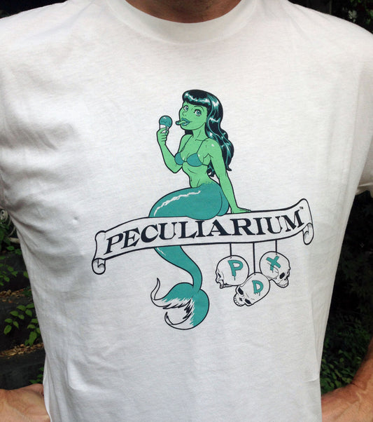 100% cotton tee with Colin Batty's mermaid eating an ice cream cone design.