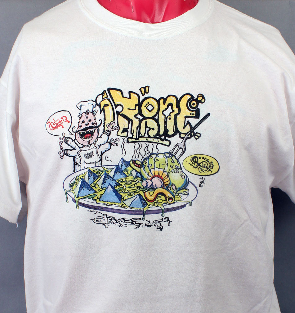Soft comfy white new Gildan Cotton T-shirt with a favorite local diner from Rigel 7. Represent local businesses in this galaxy and the next. Drawn by Mike Wellins.