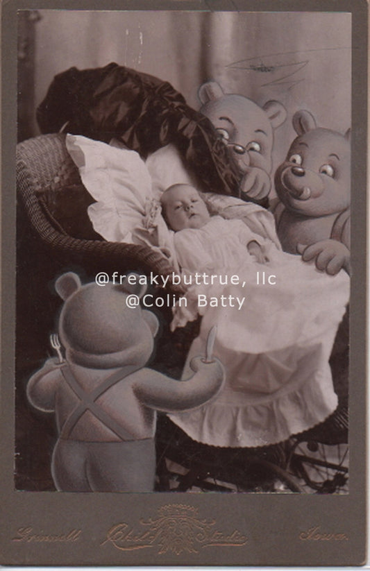 Baby with Hungry Teddy Bears Print by Colin Batty