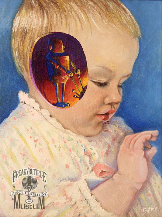 This is a print from an original NERC painting by Mike Wellins, and Unknown. Wellins is co-creator of the Peculiarium. Mike starts with "thrift shop" painting and modifies it.