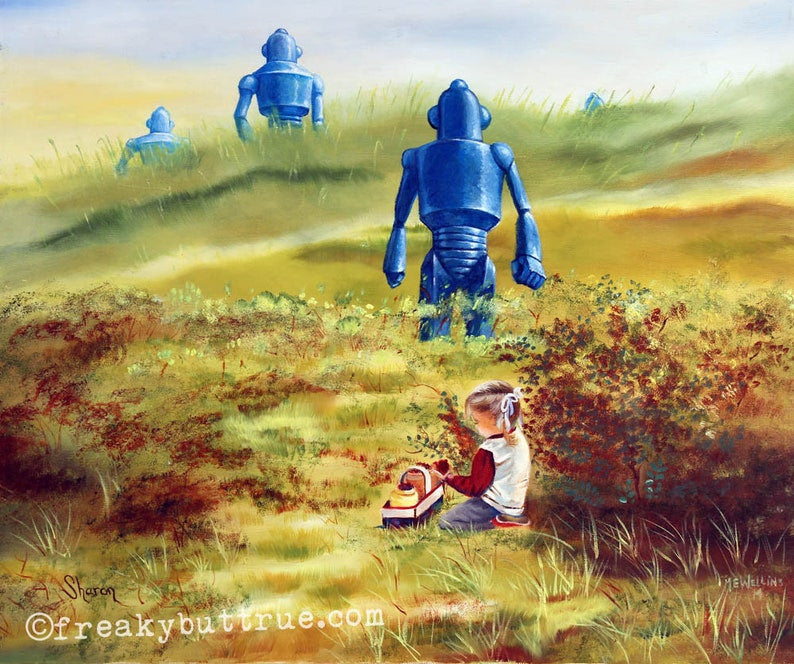 This is a print from an original NERC painting by Mike Wellins, and Unknown. Wellins is co-creator of the Peculiarium. Mike starts with "thrift shop" painting and modifies it.