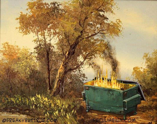 This is a print from an original NERC painting by Mike Wellins, and Unknown. Wellins is co-creator of the Peculiarium. Mike starts with "thrift shop" painting and modifies it.