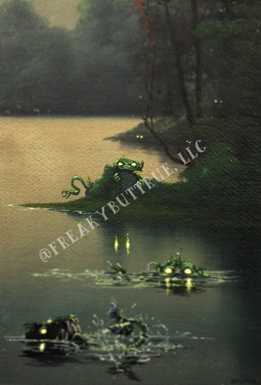 This is a print from an original NERC painting by Mike Wellins, and Unknown. Wellins is co-creator of the Peculiarium. Mike starts with "thrift shop" painting and modifies it.