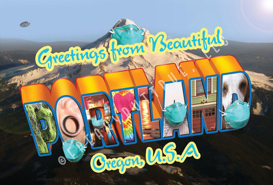 Greetings Masked Portland Postcard