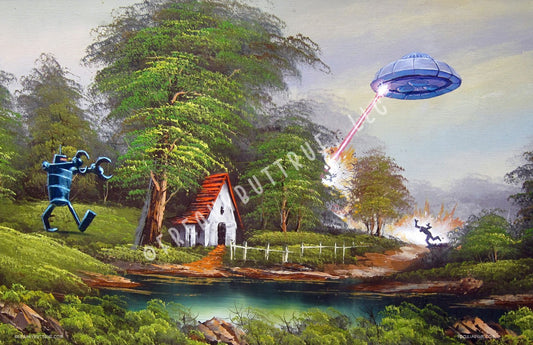 A new, 11" x 17" printed poster from the (NERC) painting by Mike Wellins.  NERC stands for Non Elective Retroactive Collaboration.  Comes rolled in a sturdy tube.