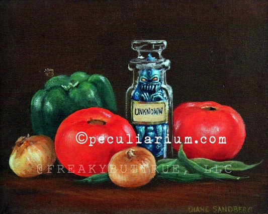 This is a print from an original NERC painting by Mike Wellins, and Unknown. Wellins is co-creator of the Peculiarium. Mike starts with "thrift shop" painting and modifies it.