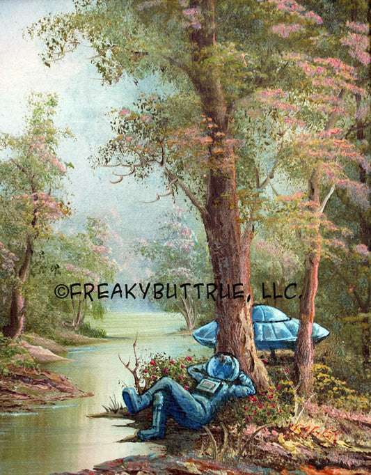 This is a print from an original NERC painting by Mike Wellins, and Unknown. Wellins is co-creator of the Peculiarium. Mike starts with "thrift shop" painting and modifies it.
