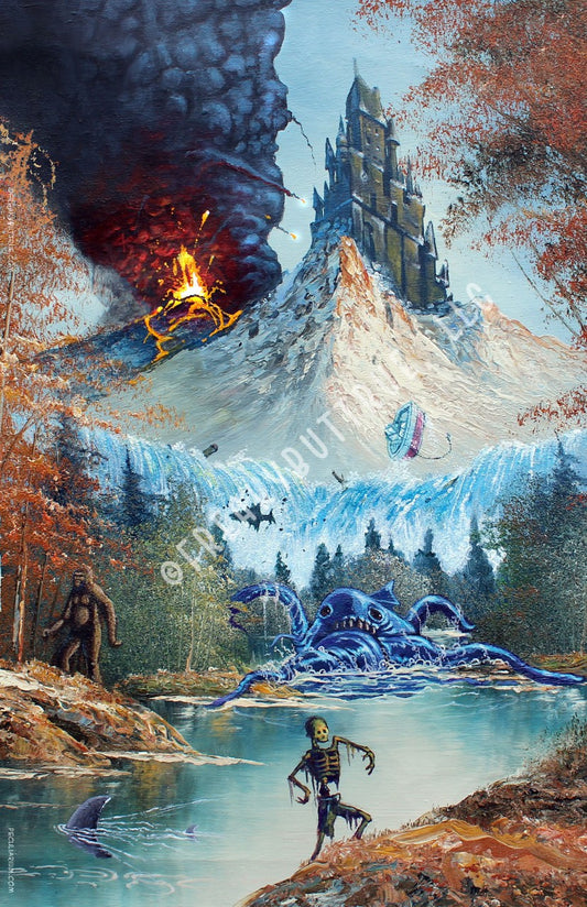 A  new, 11" x 17" printed poster from the (NERC) painting by Mike Wellins.  NERC stands for Non Elective Retroactive Collaboration.  Comes rolled in a sturdy tube.