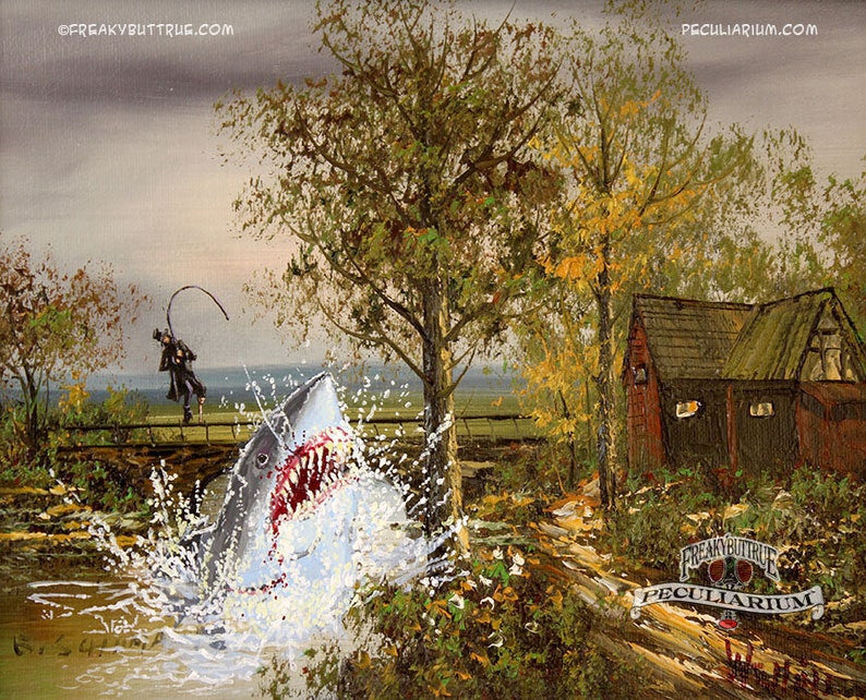 This is a print from an original NERC painting by Mike Wellins, and Unknown. Wellins is co-creator of the Peculiarium. Mike starts with "thrift shop" painting and modifies it.