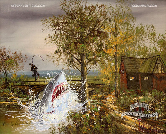 This is a print from an original NERC painting by Mike Wellins, and Unknown. Wellins is co-creator of the Peculiarium. Mike starts with "thrift shop" painting and modifies it.