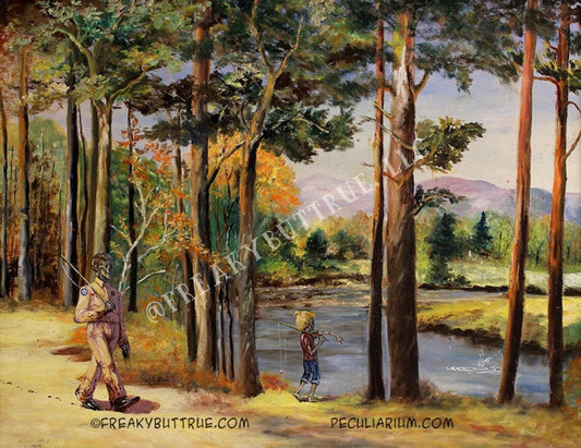 This is a print from an original NERC painting by Mike Wellins, and Unknown. Wellins is co-creator of the Peculiarium. Mike starts with "thrift shop" painting and modifies it.