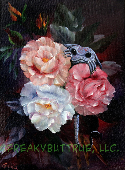 This is a print from an original NERC painting by Mike Wellins, and Unknown. Wellins is co-creator of the Peculiarium. Mike starts with "thrift shop" painting and modifies it.