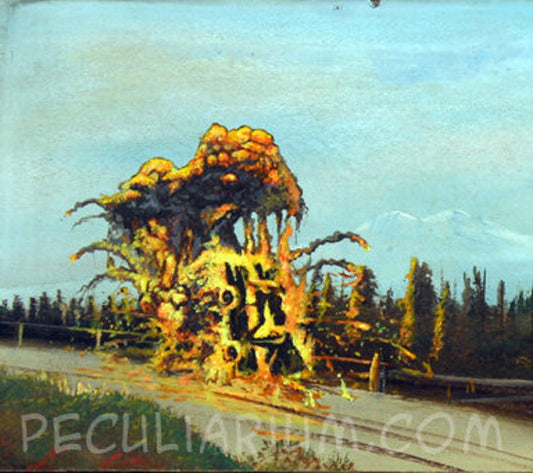This is a print from an original NERC painting by Mike Wellins, and Unknown. Wellins is co-creator of the Peculiarium. Mike starts with "thrift shop" painting and modifies it.