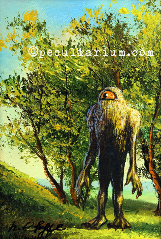 This is a print from an original NERC painting by Mike Wellins, and Unknown. Wellins is co-creator of the Peculiarium. Mike starts with "thrift shop" painting and modifies it.