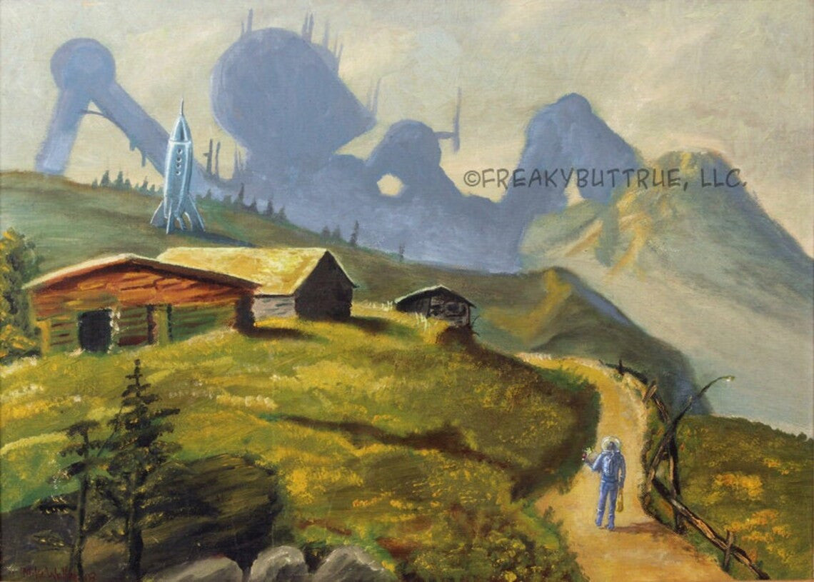 This is a print from an original NERC painting by Mike Wellins, and Unknown. Wellins is co-creator of the Peculiarium. Mike starts with "thrift shop" painting and modifies it.