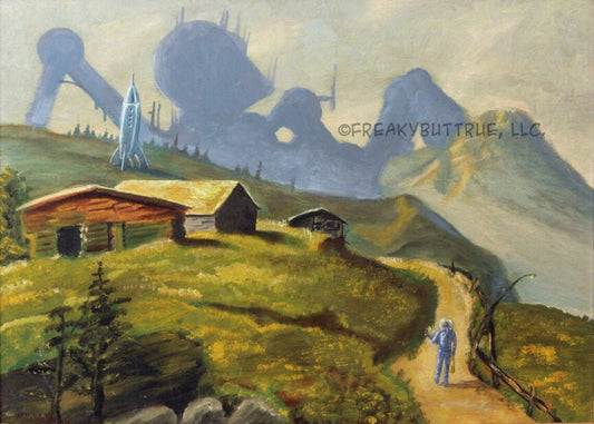 This is a print from an original NERC painting by Mike Wellins, and Unknown. Wellins is co-creator of the Peculiarium. Mike starts with "thrift shop" painting and modifies it.