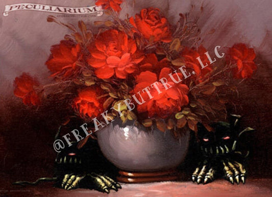 This is a print from an original NERC painting by Mike Wellins, and Unknown. Wellins is co-creator of the Peculiarium. Mike starts with "thrift shop" painting and modifies it.