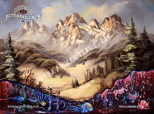 This is a print from an original NERC painting by Mike Wellins, and Unknown. Wellins is co-creator of the Peculiarium. Mike starts with "thrift shop" painting and modifies it.