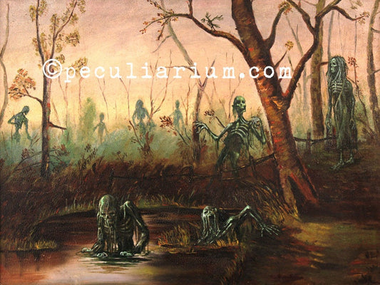 This is a print from an original NERC painting by Mike Wellins, and Unknown. Wellins is co-creator of the Peculiarium. Mike starts with "thrift shop" painting and modifies it.