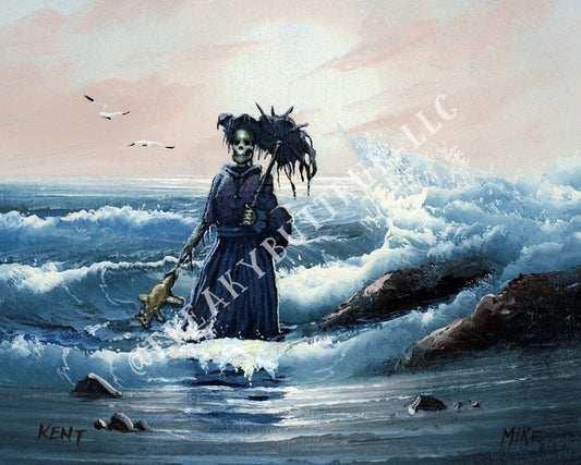 This is a print from an original NERC painting by Mike Wellins, and Unknown. Wellins is co-creator of the Peculiarium. Mike starts with "thrift shop" painting and modifies it.